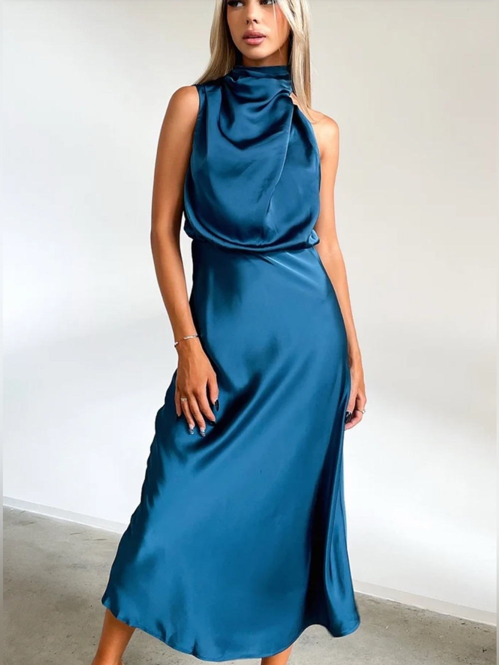 Cider deep teal high neck sleeveless ruched maxi satin midi dress size large NWT